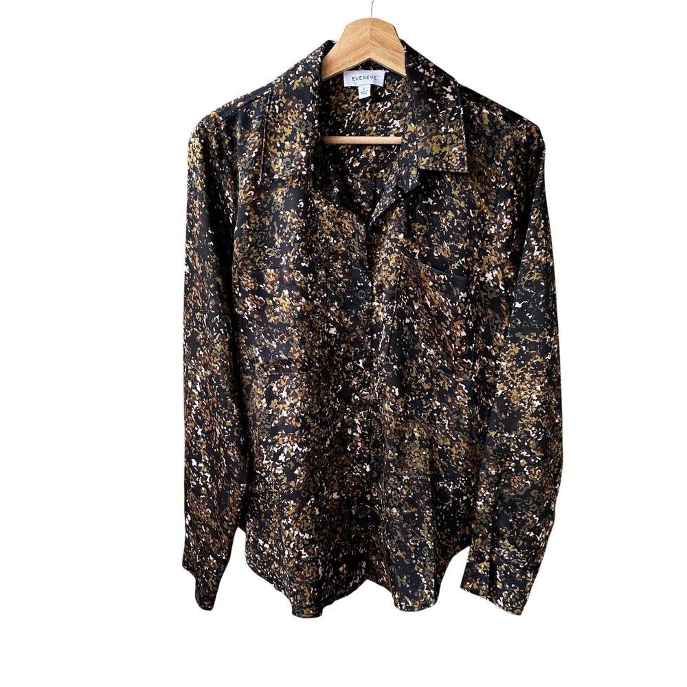 Evereve Blouse Top Abstract Camo Button Down Olive Gold Long Sleeve Shirt Large